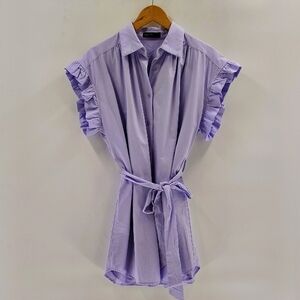On Twelfth Button Up Mini Dress Purple Size Large With Waist Tie Ruffle Sleeve